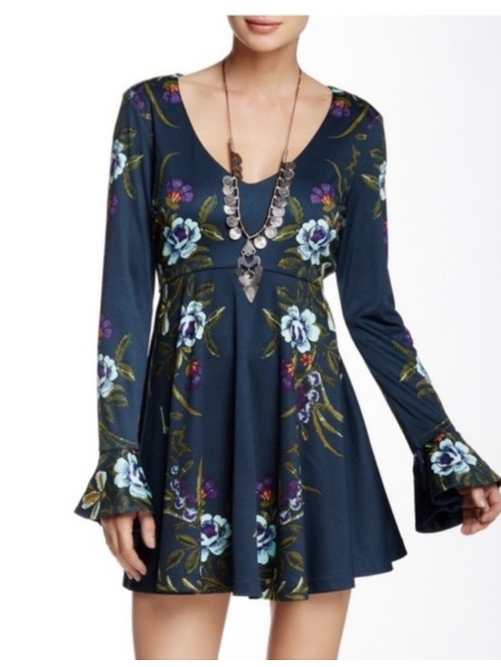 Free People date night Navy Floral Empire-Waist Mini Dress XS rush week